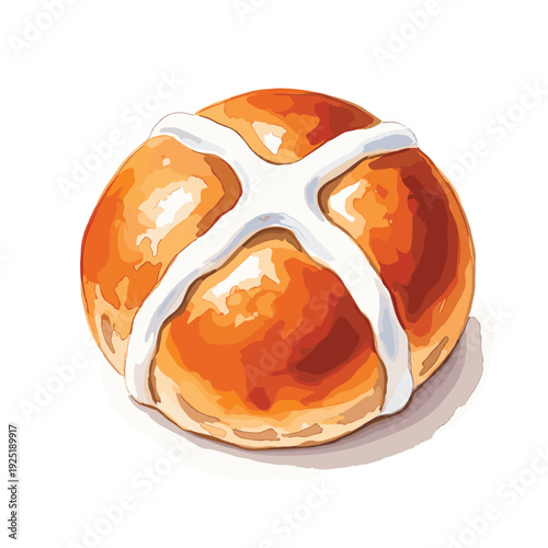 Delicious hot cross bun with white icing cross on a white background