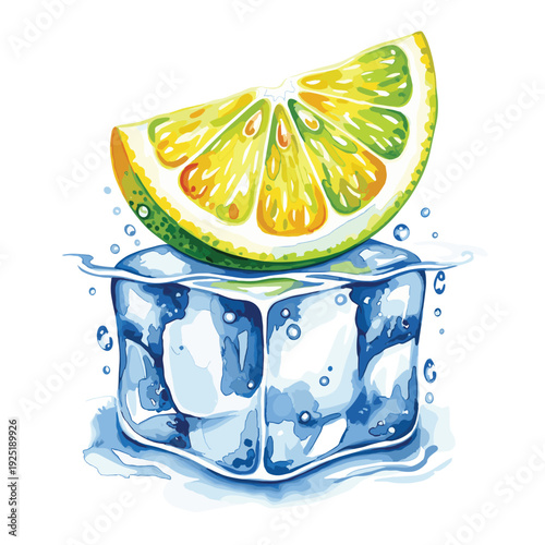 Refreshing citrus slice perched atop a melting ice cube in cool water