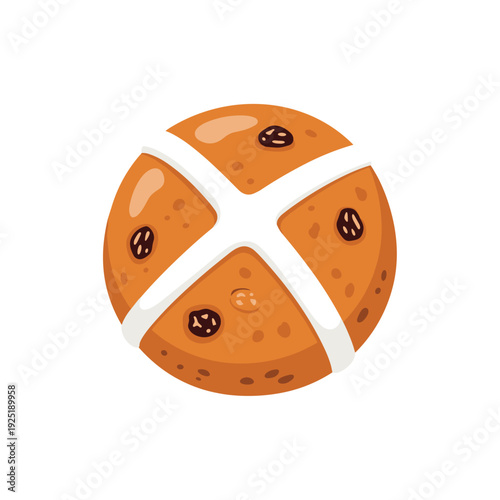 Traditional hot cross bun with white icing cross and raisins, isolated on white background