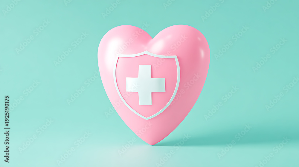 Fototapeta premium 3D pink heart with shield icon on a pale teal background
