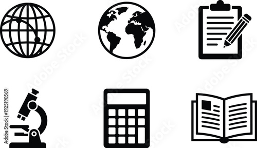 Educational icons set featuring globe, clipboard, microscope, calculator, and open book representing geography, science, math, writing, reading