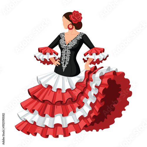 Elegant flamenco dancer in a traditional black and red ruffled dress with a rose in her hair