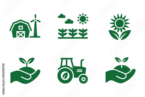 Green Agriculture and Sustainability Icon Set, Renewable Energy Farm Sunlit Crops Eco Badge Seedling Hands Tractor Vector Illustration