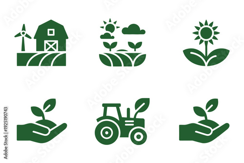 Green Agriculture and Sustainability Icon Set, Renewable Energy Farm Sunlit Crops Eco Badge Seedling Hands Tractor Vector Illustration