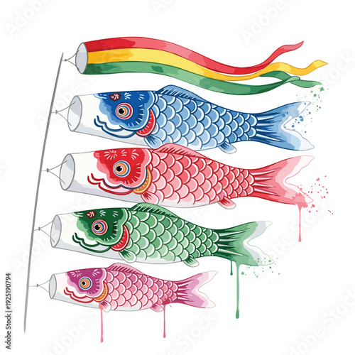 Colorful Japanese Koinobori carp streamers fluttering in the wind on a white background