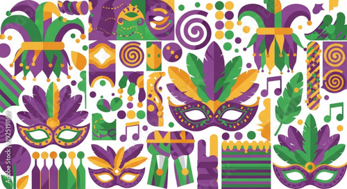 Vibrant mardi gras masks and decorations in purple green and gold on white background