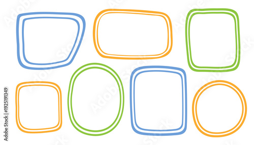 Coquette hand-drawn doodle frames set, colorful shapes cadre vintage modern whimsical edgings elements, elegant geometric trend stamps flirting girly style design. Isolated. Vector illustration