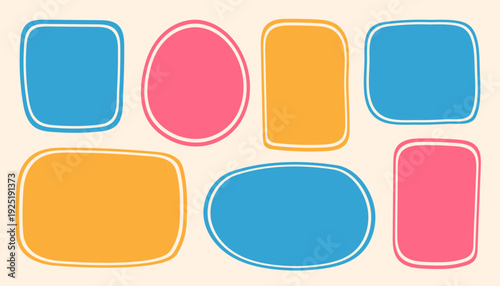 Coquette hand-drawn doodle frames set, colorful shapes cadre vintage modern whimsical edgings elements, elegant geometric trend stamps flirting girly style design. Isolated. Vector illustration