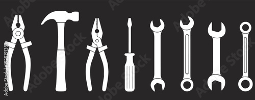 tools collection of eight hand tool silhouettes vector icons