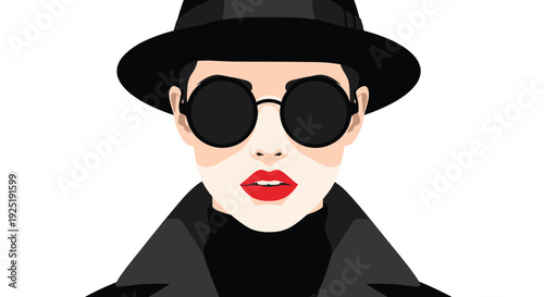 Woman in black hat, round sunglasses, trench coat, and turtleneck with red lips on a white background.