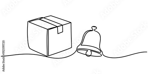 Delivery Notification Concept Box and Bell Render continuous one line drawing, Isolated Cardboard Box with Notification Bell, Box with Notification Bell and Pin for First Floor Delivery
