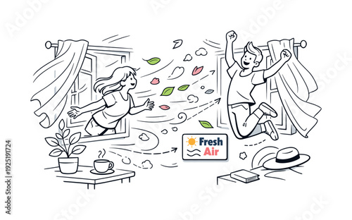 Open Windows Fresh Air. Wide open windows with soft curtains flowing inward as a gentle breeze fills the