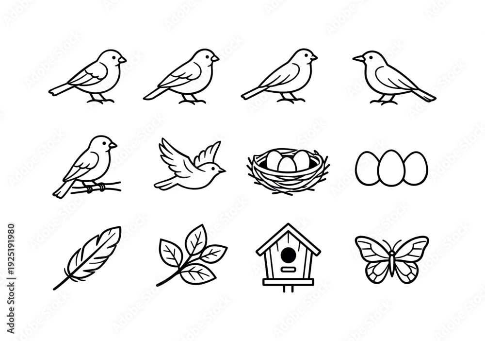Fototapeta premium Garden Songbird Icons. garden songbirds outline set. Line outline icon set of garden songbirds outline set: