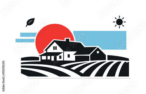 Minimalist Rural Collage. Minimalist editorial collage of a black and white rural house surrounded by stylized