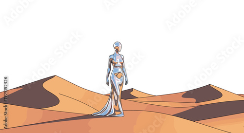 Futuristic humanoid figure wearing a flowing metallic gown standing on vast sand dunes in a desert landscape.