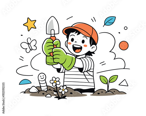 Kids nature workshop. A child proudly wearing oversized garden gloves, holding a small shovel with excitement.