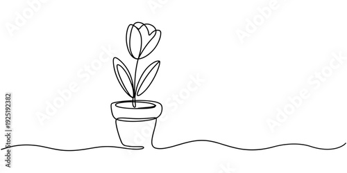 top flower continuous one line drawing, House flower plant in pot continuous one single line drawn concept pro. a beautiful gardening flower tob with orchid flowers, Elegance home decorative elements