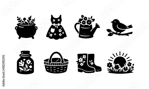 Witchy spring aesthetic icons. Filled icon set of Witchy spring aesthetic icons: cauldron with herbs, floral