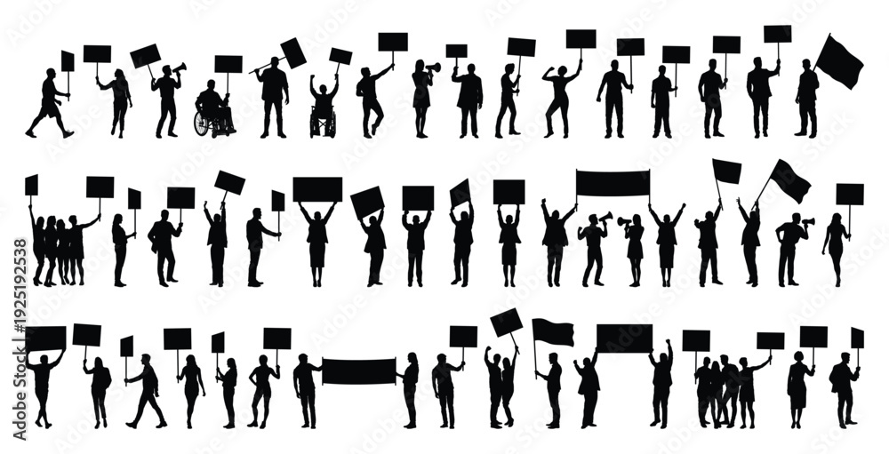 Wall Mural Crowd of protesters in various poses holding placards banners and speaking through loudspeaker protesting march at street silhouette set on white background vector illustration collection