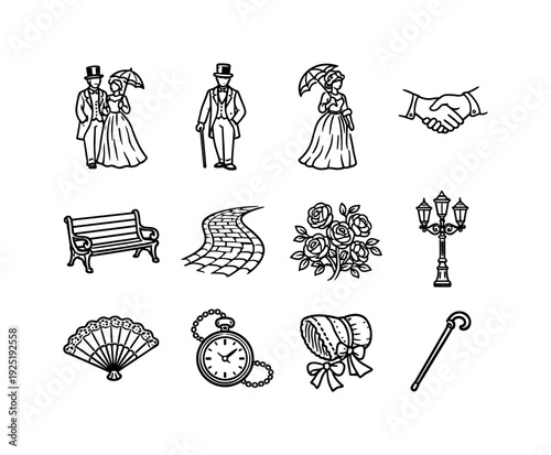 romantic couple promenade engraving. Line outline icon set of romantic couple promenade engraving: Victorian