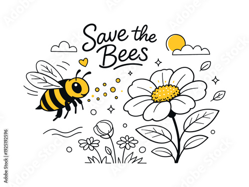 Pollination in action. A bright yellow bee hovering near a blooming flower, wings slightly blurred with soft