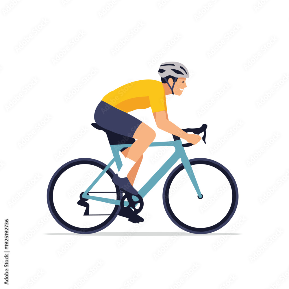 Fototapeta premium Cyclist in yellow jersey and blue shorts riding a light blue road bicycle