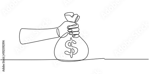 Dollar money bag in continuous one line drawing. Hand holding a sack with cash in simple linear style. Finance bank and investment concept in editable stroke. one line Icon drawing
