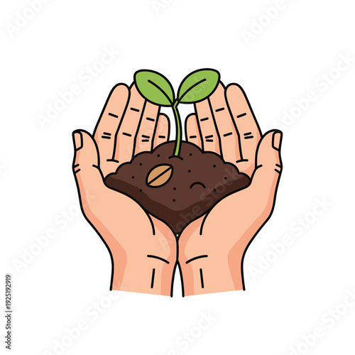 Hands gently holding soil with a young seedling and a coffee bean sprouting