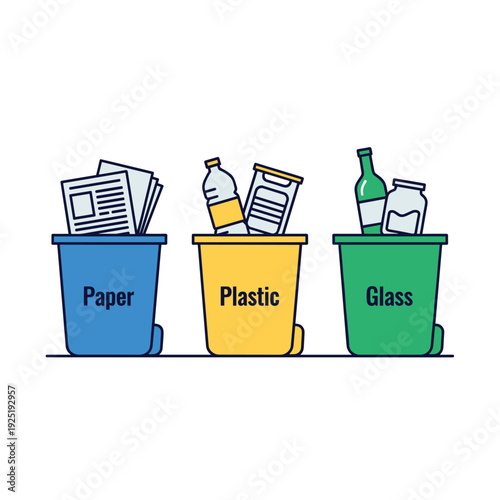 Three recycling bins labeled Paper, Plastic, and Glass, filled with corresponding waste materials