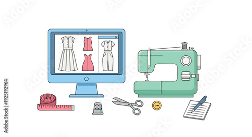 A digital fashion design workspace featuring a computer with clothing patterns, a sewing machine, and various tailoring tools.