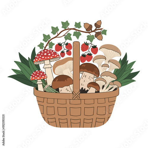 Whimsical illustration of a woven basket overflowing with forest mushrooms and ripe strawberries