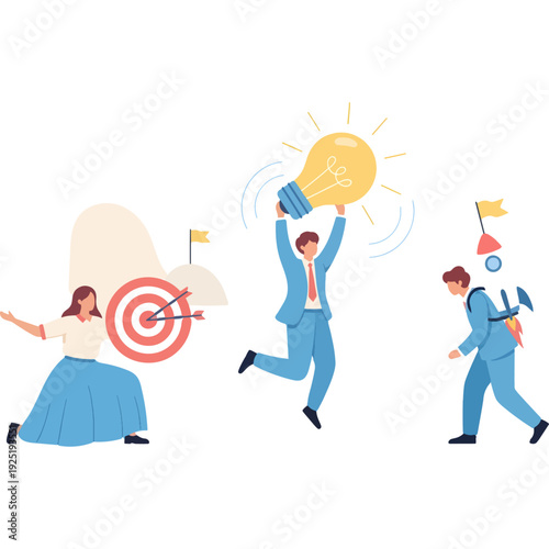 Team celebrating achievement with target and lightbulb ideas Vector