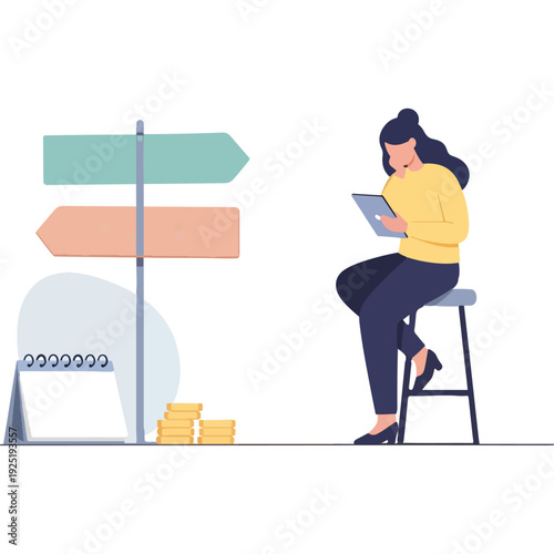A person studying or working with labeled plans or phases in progress. Vector