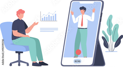 Professional conducting a virtual business meeting with a holographic colleague Vector