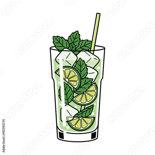 Refreshing mojito cocktail with lime slices, mint leaves, and ice cubes in a tall glass