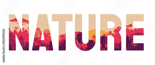 Nature typography with tropical jungle and palm tree landscape inside bold letters isolated on transparent background PNG, perfect for eco designs, travel branding, and outdoor themed graphics