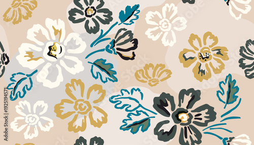 Decorative floral pattern with stylized hand drawn flowers and leaves in teal, mustard, black, and cream tones on a warm beige background. Elegant vintage inspired botanical surface design for fabric,