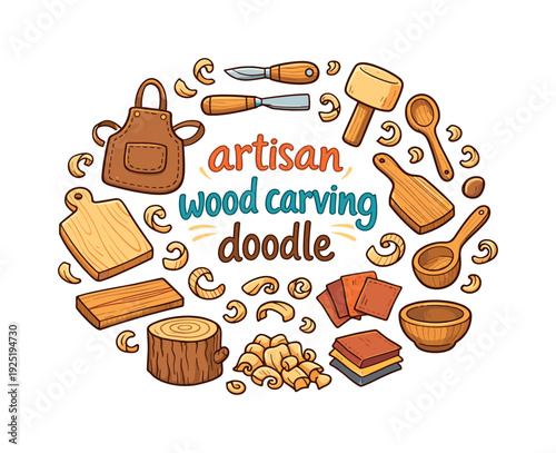 artisan wood carving doodle. Hand drawn illustration of artisan wood carving doodle. carving knife, chisel,