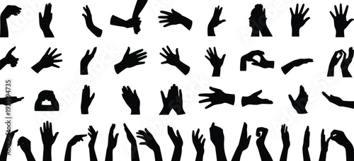 Collection of hand gesture silhouettes in black vector style isolated on light background, various human hand signs and expressive poses for graphic design