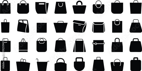 Collection of handbag and shopping bag silhouettes in black vector style isolated on light background, fashion accessory icons for retail design