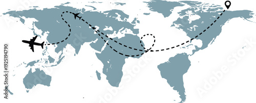 Plane routes over world map with markers or map pointers. Travel by airplane concept. Flight path. Vector 