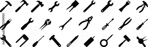 Set of hand tool silhouettes in black vector style including hammer, wrench, screwdriver and pliers isolated on light background for repair design