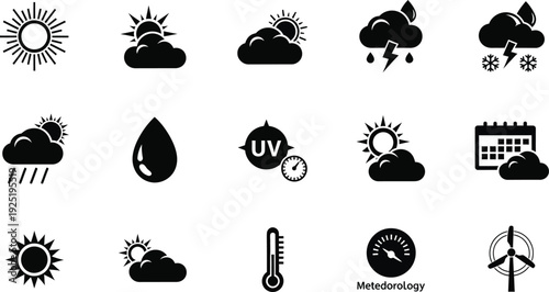 Collection of vivid, stylized weather icons including lightning, rain, snow, sun, and partly cloudy conditions, presented as outline signs with flat color fills, perfect for graphic design