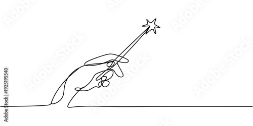 magic wand with hand continuous one line drawing, Single one line drawing hand holding magic wand. Decorative magic wand with magic trace. Star shape magic accessory design graphic vector illustration