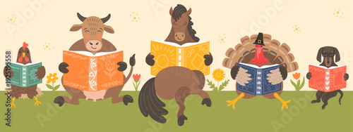 Cute domestic farm animals reading books in spring. Children education illustration.