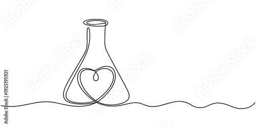 Isolated Scientific Flask with Red Heart Inside continuous one line drawing, Beaker Lab round flask with chemical substance inside and Bubbles for logo design illustration in a heart shape love icon