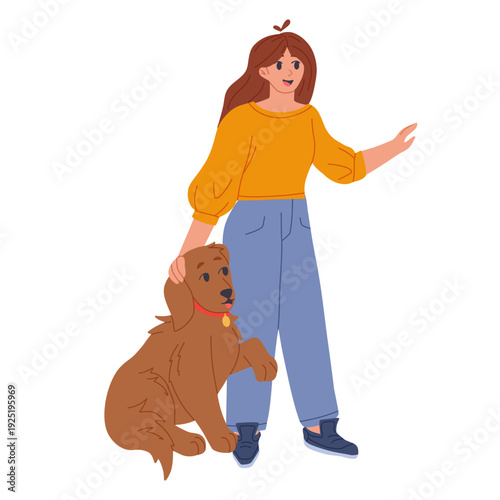 Young woman playing with her dog, smiling and waving hello, spending time together. Cute daily moments of pet care and fun. Flat vector cartoon illustration for lifestyle design, apps, web and print