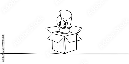 Surprise Box Boxing Glove continuous one line drawing, Single one line boxing day concept set. Hand open boxing, Boxing glove coming out of gift box and present box with ribbon. Continuous line draw