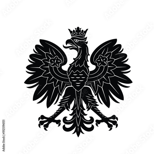 Black and white heraldic eagle with crown, symbol of Poland, isolated on white background