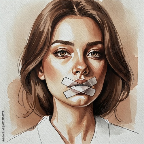 Watercolor portrait depicts a young woman with brown hair whose mouth is covered with crossed strips of adhesive tape